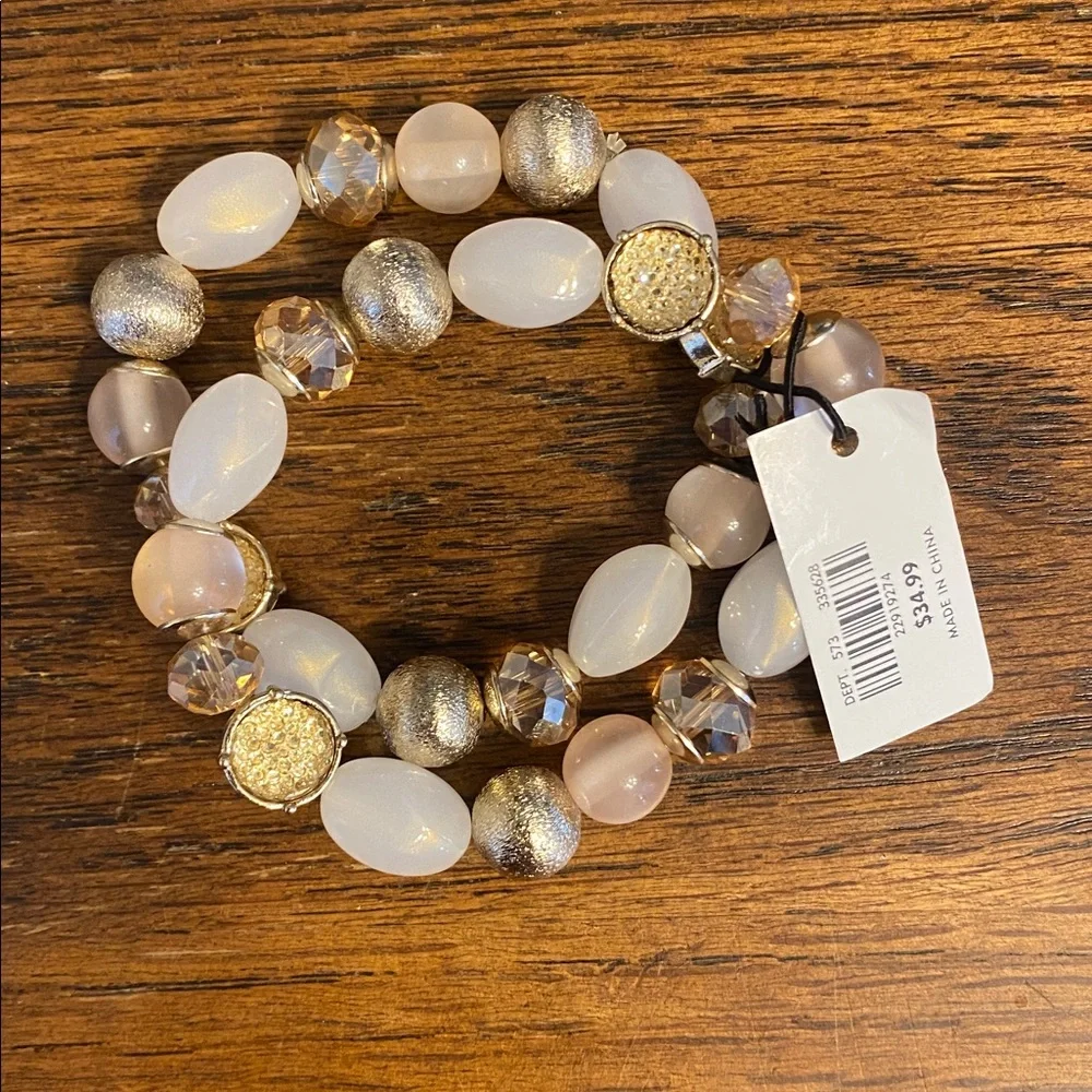 Ann Taylor Beaded Stretch Bracelet Stack Set Gold Cream Champagne NWT